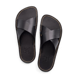 Nero | Flat leather sandals with debossed PLG three tree logo in sole