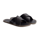 Nero | Flat leather sandals with debossed PLG three tree logo in sole