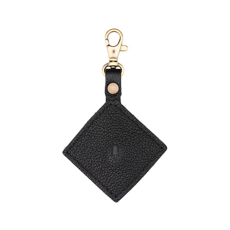Pebbled--black | Diamond shaped leather AirTag holder on a lobster clasp keychain