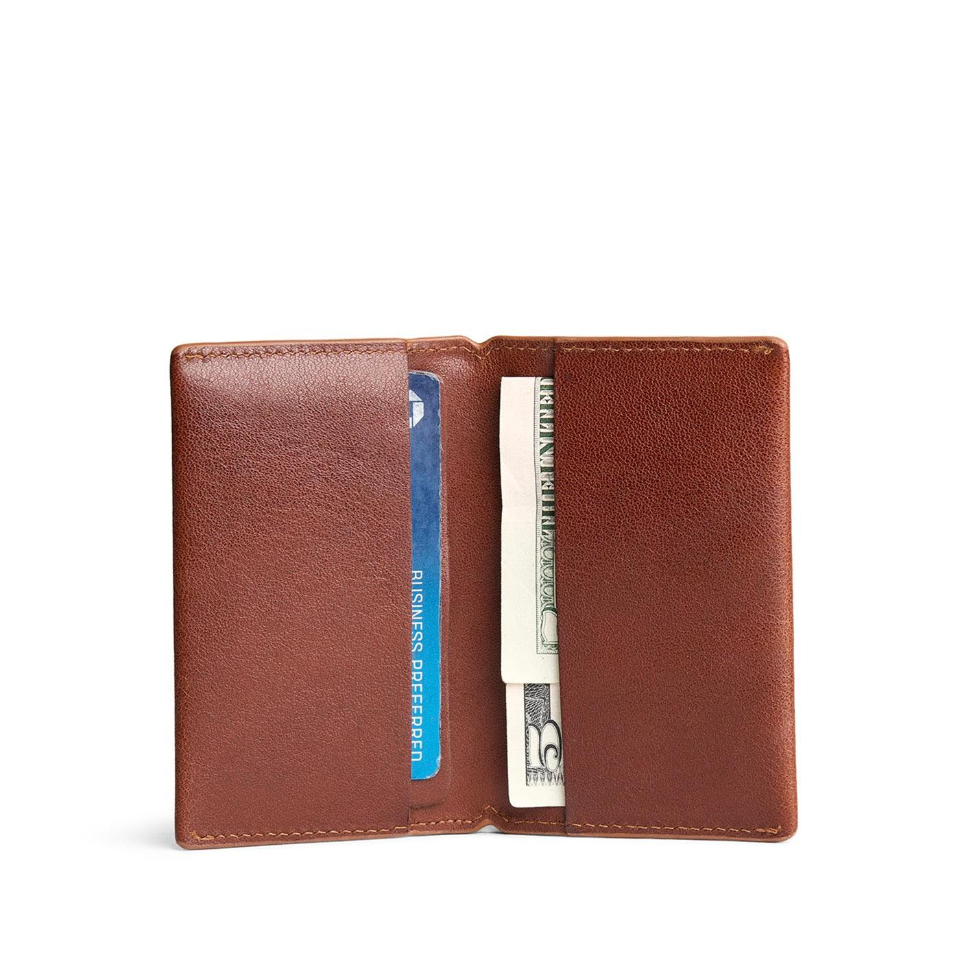 Saddlestone | Leather bifold card holder wallet open with card and cash inside