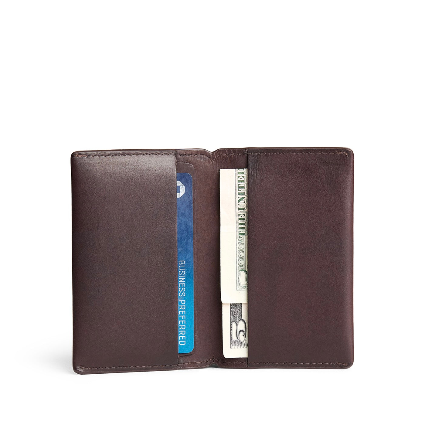 Trailstone | Leather bifold card holder wallet open with card and cash inside
