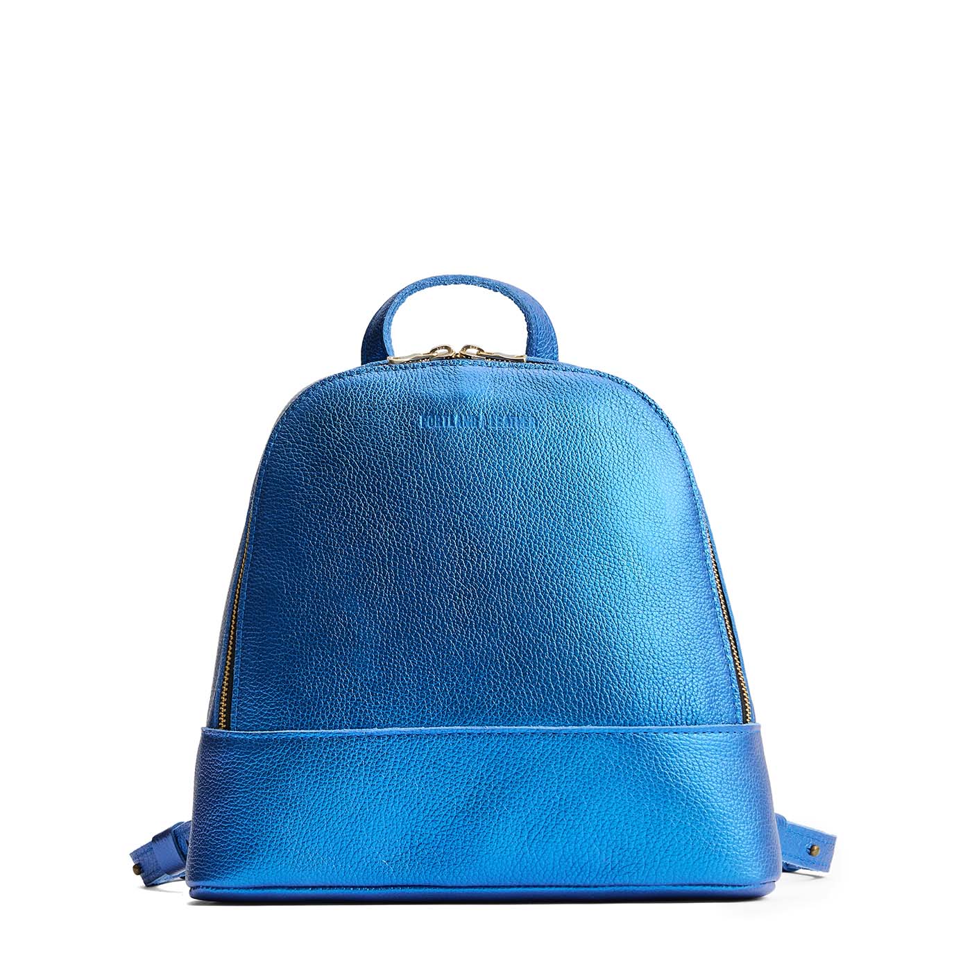 Comet Blue | Leather backpack with debossed Portland Leather logo on front, with zipper closure and straps with lobster clasps