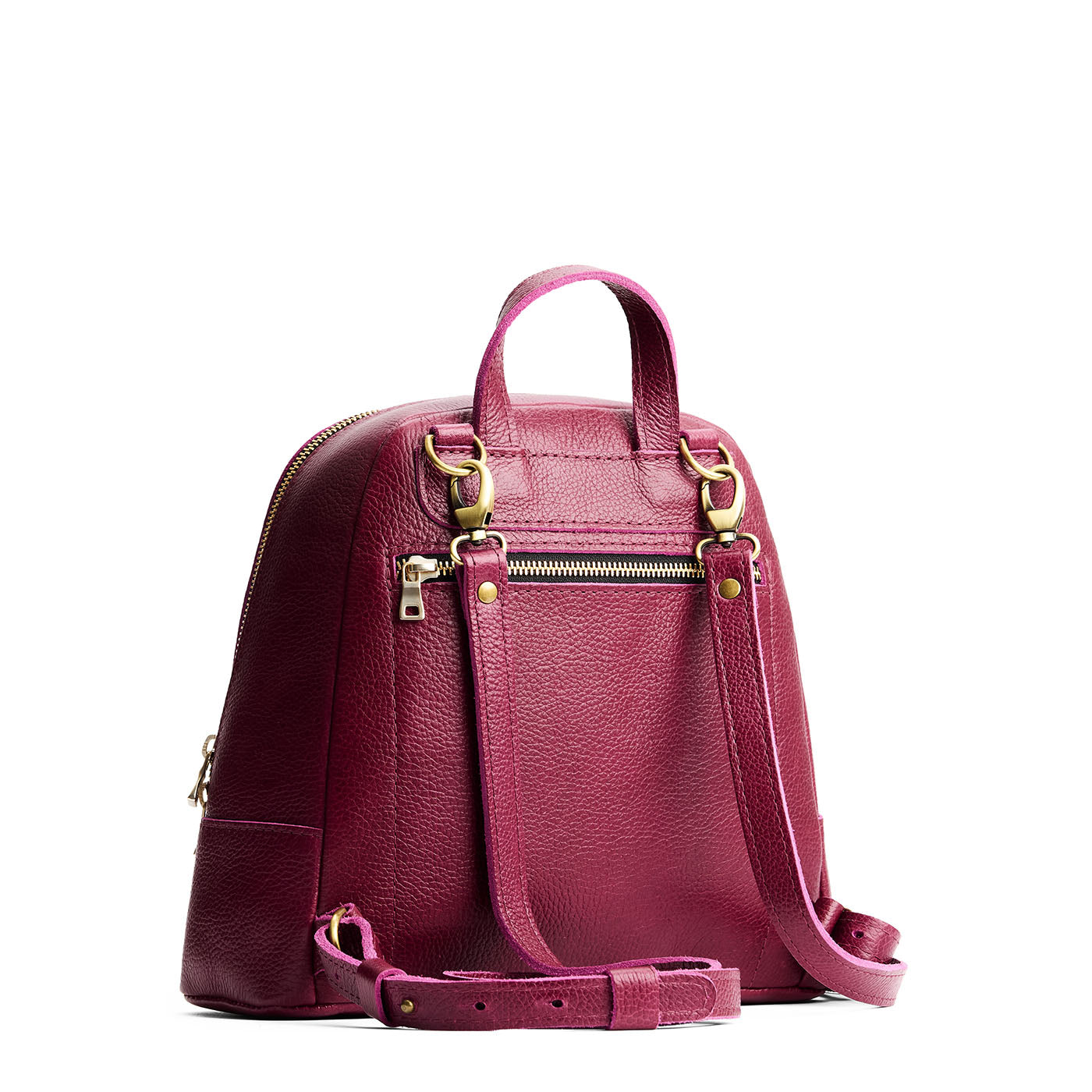 Orchid | Leather backpack with debossed Portland Leather logo on front, with zipper closure and straps with lobster clasps
