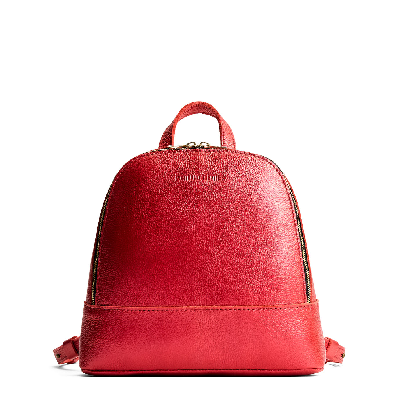 Reba Red | Leather backpack with debossed Portland Leather logo on front, with zipper closure and straps with lobster clasps