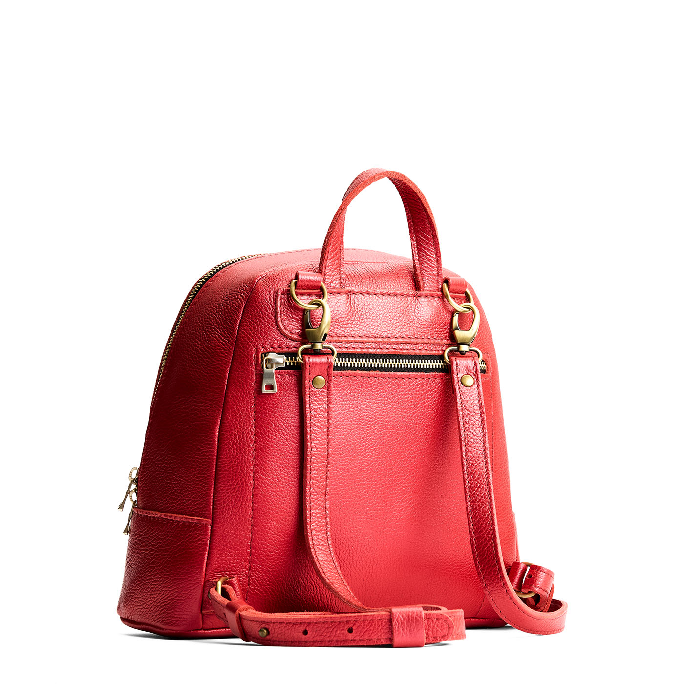 Reba Red | Leather backpack with debossed Portland Leather logo on front, with zipper closure and straps with lobster clasps