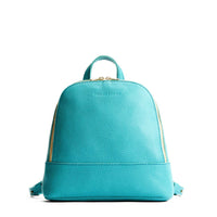 Seafoam | Leather backpack with debossed Portland Leather logo on front, with zipper closure and straps with lobster clasps