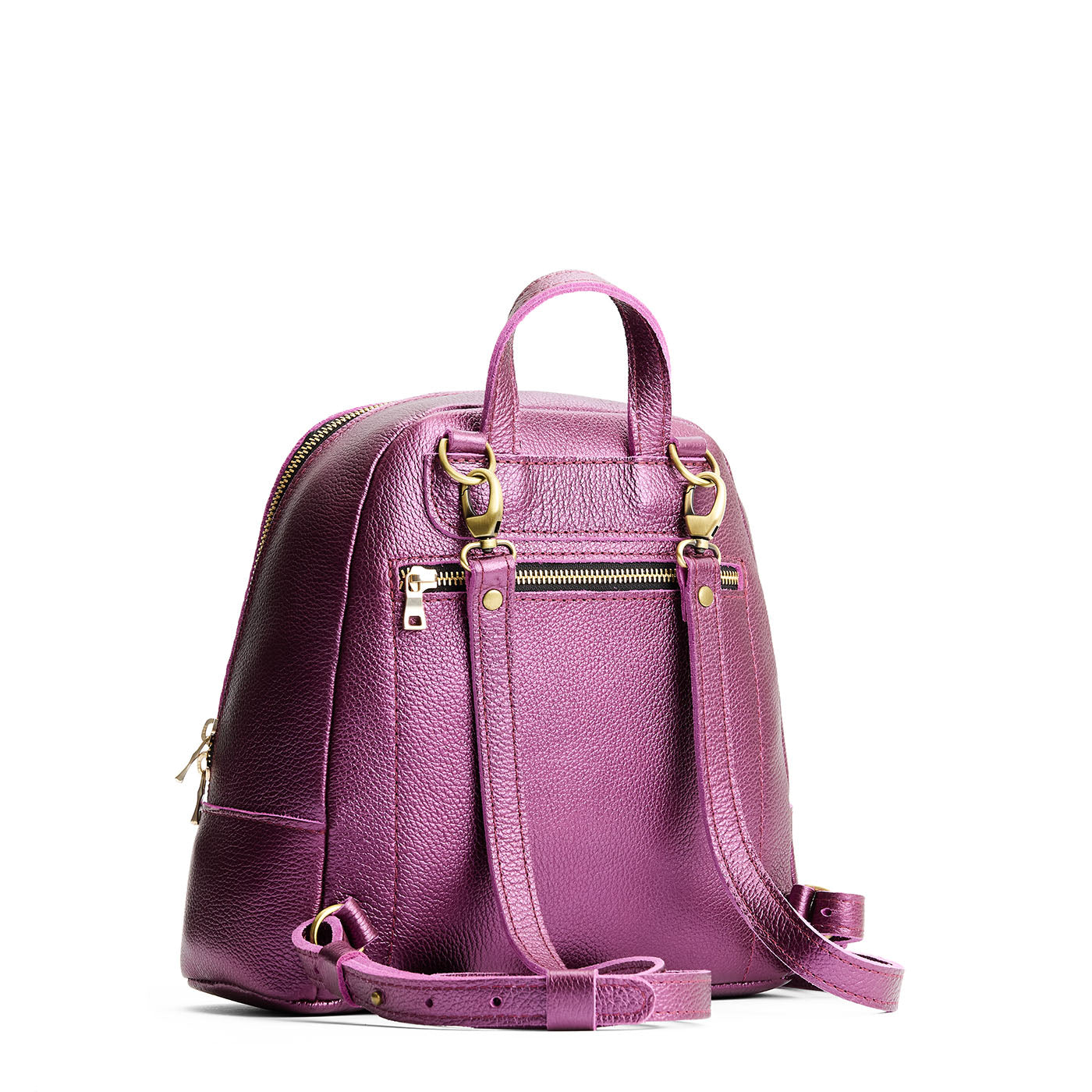Ultra Violet | Leather backpack with debossed Portland Leather logo on front, with zipper closure and straps with lobster clasps
