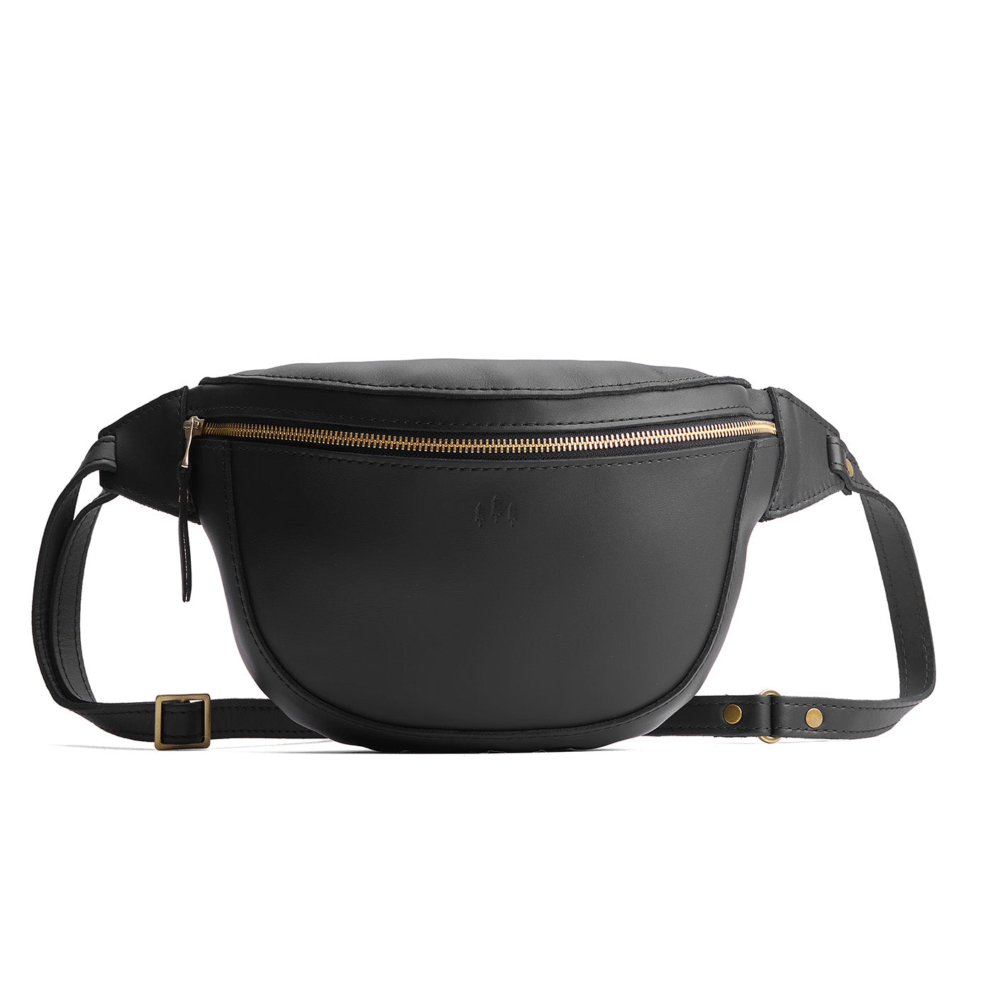 Black | Leather fanny pack shaped bag with a front zipper opening