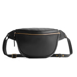 Black | Leather fanny pack shaped bag with a front zipper opening