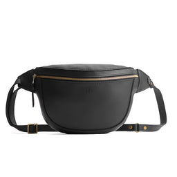 Black | Leather fanny pack shaped bag with a front zipper opening