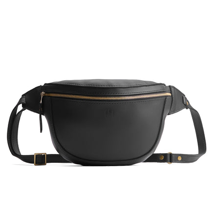 Black | Leather fanny pack shaped bag with a front zipper opening