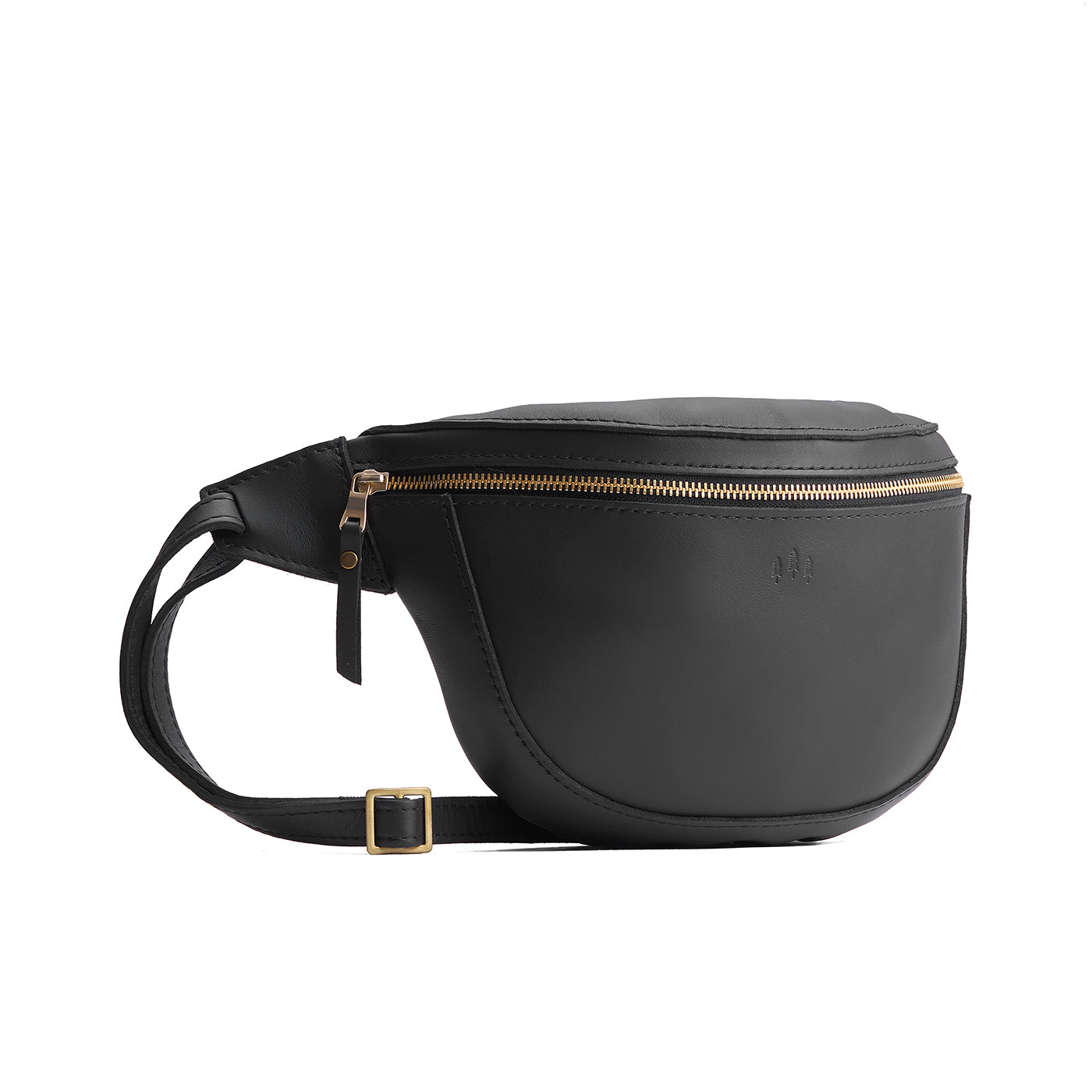 Black | Leather fanny pack shaped bag with a front zipper opening