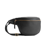 Black | Leather fanny pack shaped bag with a front zipper opening