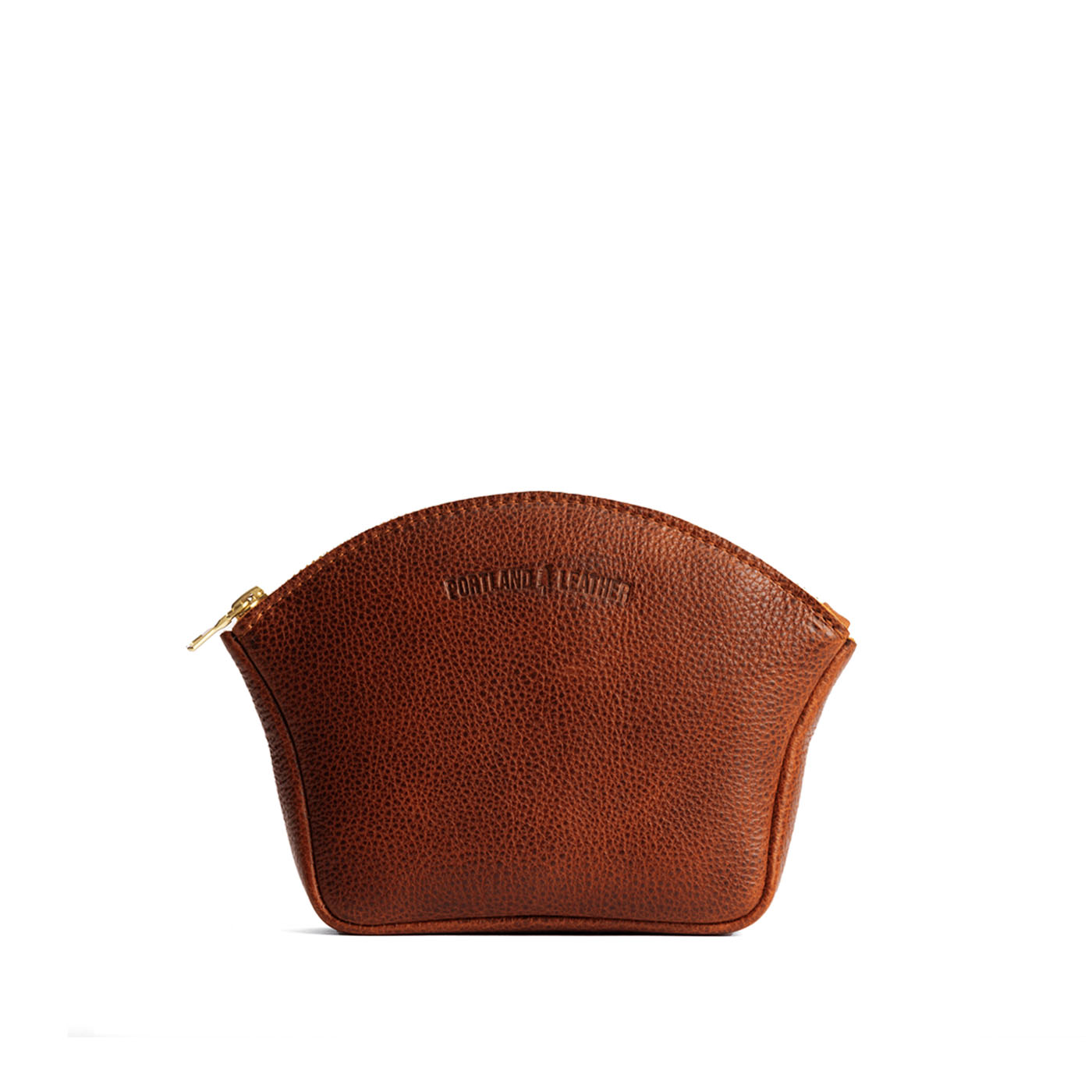 Nutmeg*Large | Seashell shaped leather makeup bag with curved top zipper and flat bottom