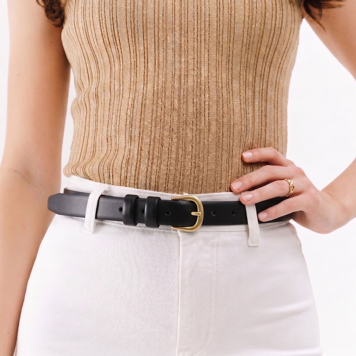 Black | Black slim double loop leather belt on model's waist