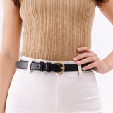 Black | Black slim double loop leather belt on model's waist