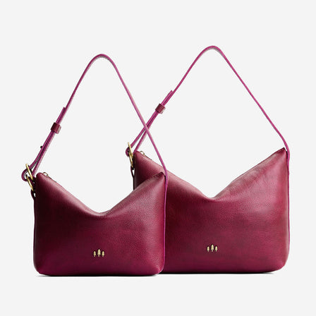 Orchid*Small | Petite slouchy leather shoulder bag with zipper opening and three metal tree emblems
