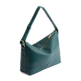 Sea Glass Large | Medium sized slouchy leather shoulder bag with zipper opening and three metal tree emblems