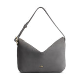 Smoke Grey Large | Medium sized slouchy leather shoulder bag with zipper opening and three metal tree emblems