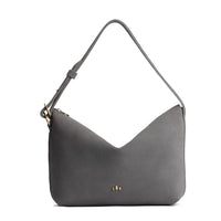 Smoke Grey*Large | Medium sized slouchy leather shoulder bag with zipper opening and three metal tree emblems