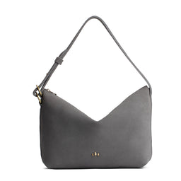 Smoke Grey*Large | Medium sized slouchy leather shoulder bag with zipper opening and three metal tree emblems