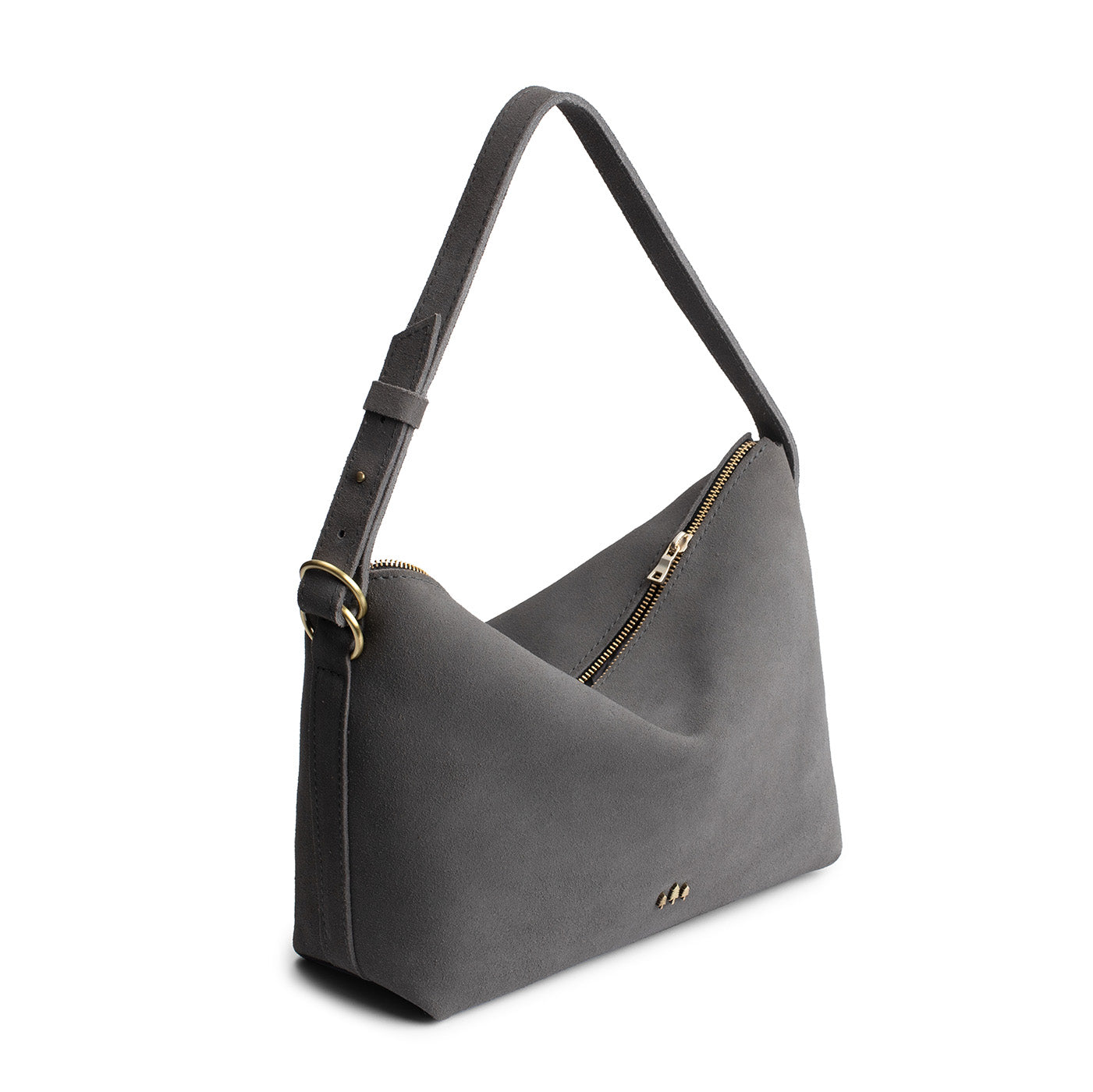 Smoke Grey*Large | Medium sized slouchy leather shoulder bag with zipper opening and three metal tree emblems