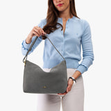 Smoke Grey Large | Medium sized slouchy leather shoulder bag with zipper opening and three metal tree emblems