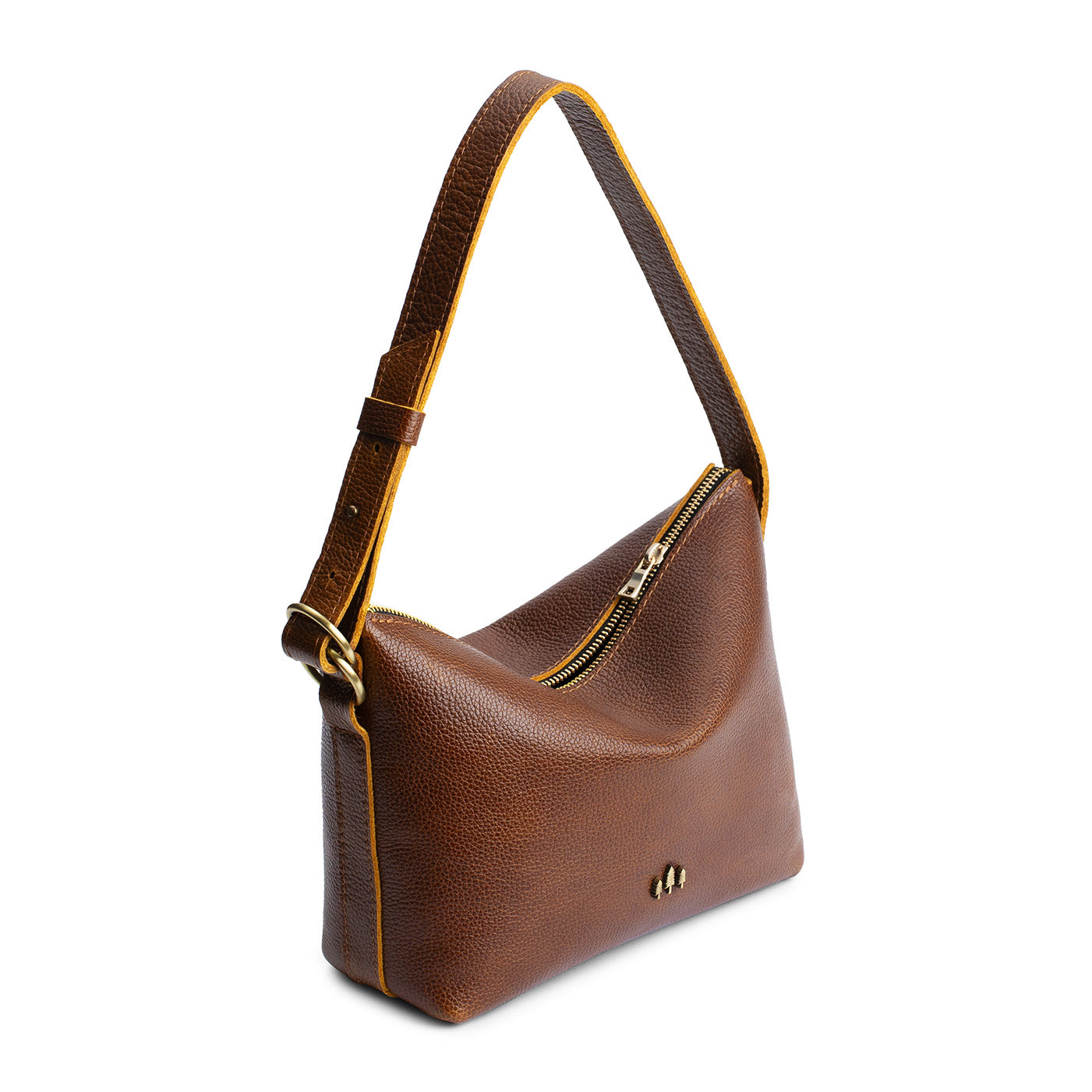 Asheville*Small | Petite slouchy leather shoulder bag with zipper opening and three metal tree emblems
