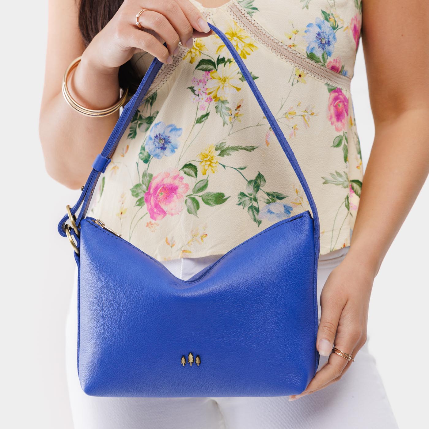 Astro Blue*Small | Petite slouchy leather shoulder bag with zipper opening and three metal tree emblems