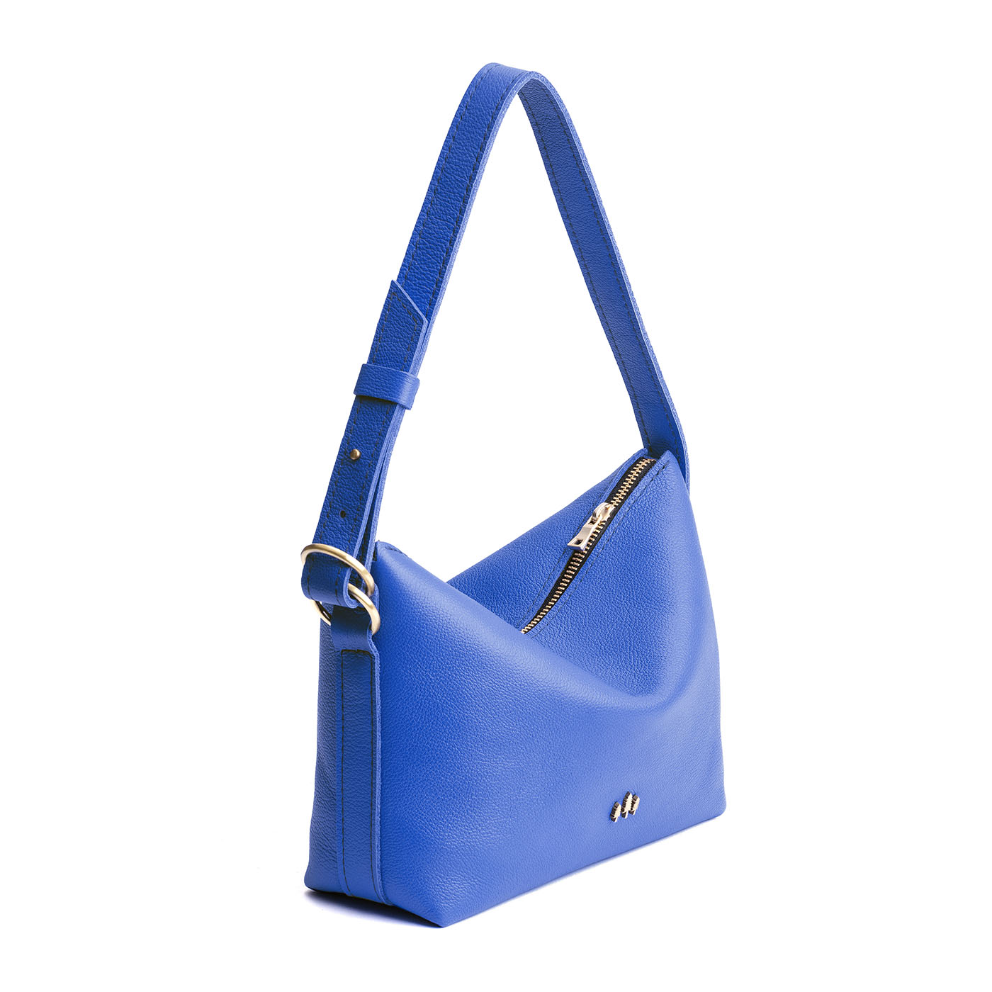 Astro Blue*Small | Petite slouchy leather shoulder bag with zipper opening and three metal tree emblems
