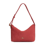 Cinnabar Small | Slouchy Shoulder Bag that has a zipper opening and three metal tree emblems on a white background