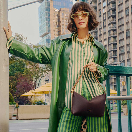 Coldbrew*Small | Petite slouchy leather shoulder bag with zipper opening and three metal tree emblems