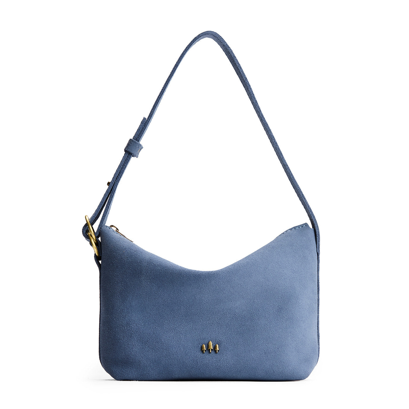 Denim*Small | Slouchy Shoulder Bag that has a zipper opening and three metal tree emblems on a white background