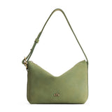 Laurel Small | Slouchy Shoulder Bag that has a zipper opening and three metal tree emblems on a white background