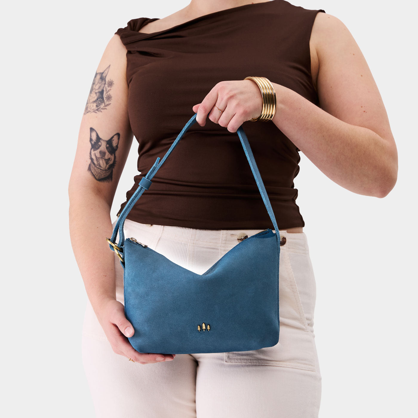 Mariner Blue*Small | Petite slouchy leather shoulder bag with zipper opening and three metal tree emblems