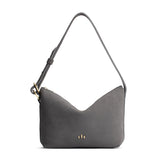 Smoke Grey Small | Petite slouchy leather shoulder bag with zipper opening and three metal tree emblems