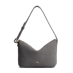 Smoke Grey*Small | Petite slouchy leather shoulder bag with zipper opening and three metal tree emblems