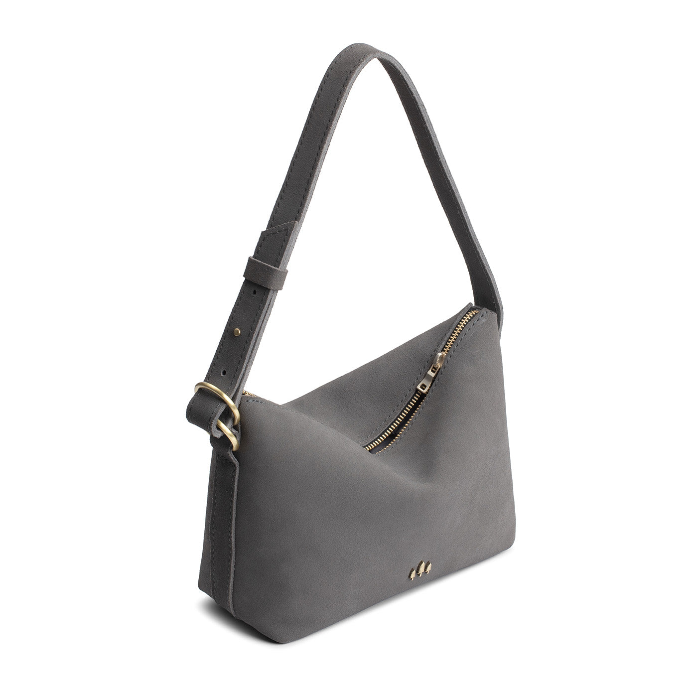Smoke Grey*Small | Petite slouchy leather shoulder bag with zipper opening and three metal tree emblems
