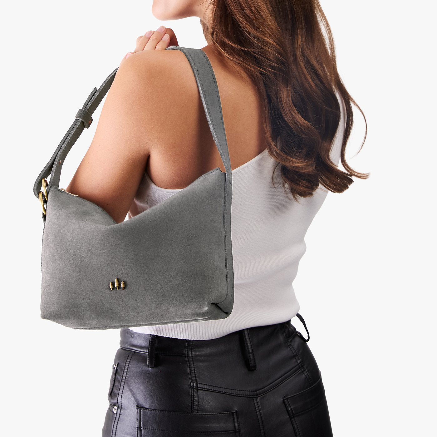 Smoke Grey*Small | Petite slouchy leather shoulder bag with zipper opening and three metal tree emblems