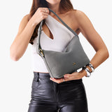 Smoke Grey Small | Petite slouchy leather shoulder bag with zipper opening and three metal tree emblems