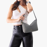 Smoke Grey Small | Petite slouchy leather shoulder bag with zipper opening and three metal tree emblems