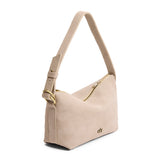 Taupe Small | Slouchy Shoulder Bag that has a zipper opening and three metal tree emblems on a white background
