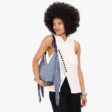 Denim Small Fringe | U-shaped shoulder bag with adjustable strap and fringe detail
