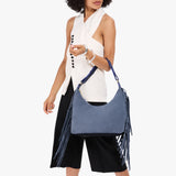 Denim Small Fringe | U-shaped shoulder bag with adjustable strap and fringe detail