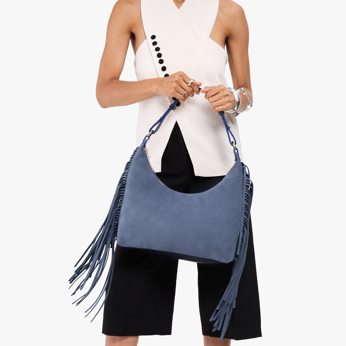 Denim*Small*Fringe | U-shaped shoulder bag with adjustable strap and fringe detail