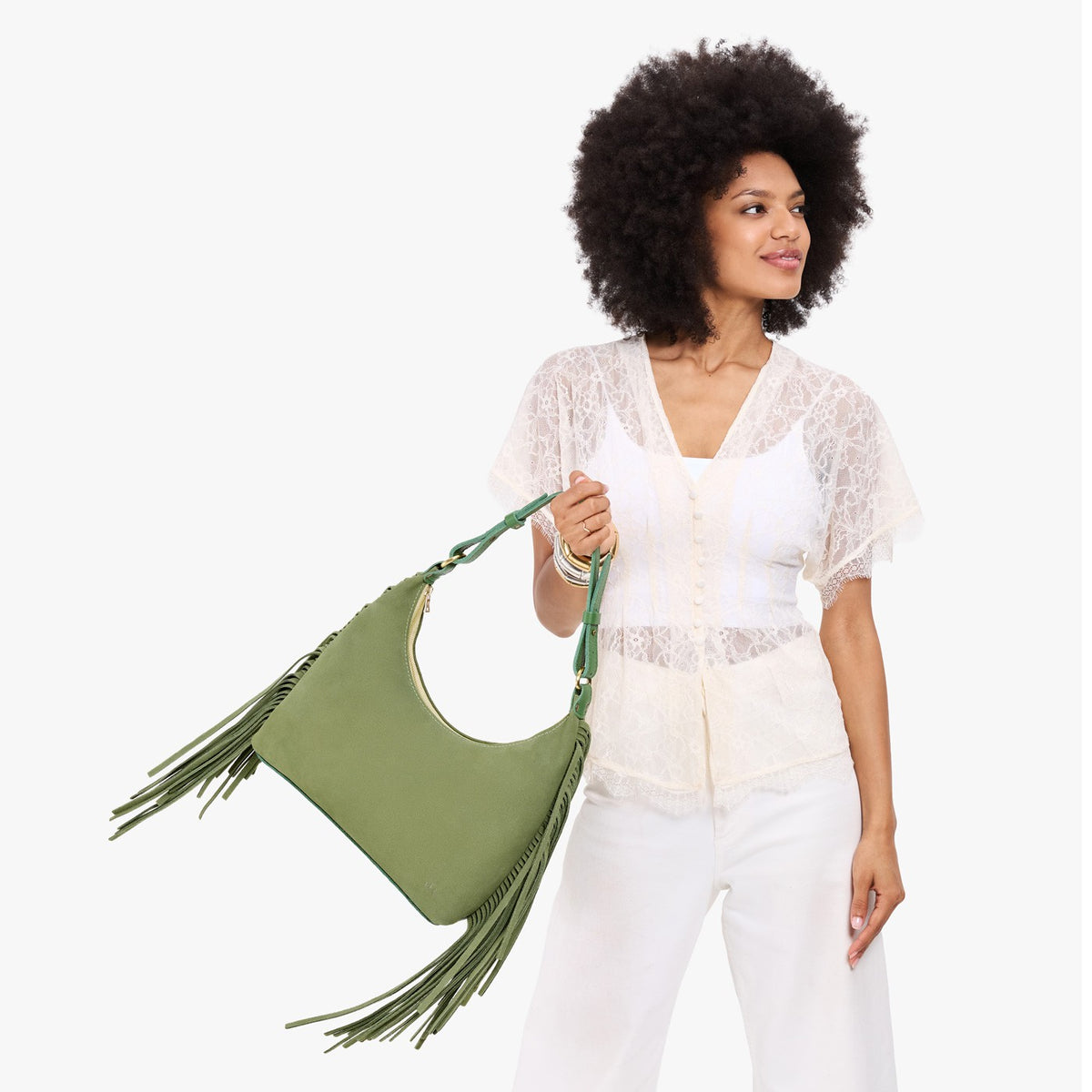 Laurel*Small*Fringe | U-shaped shoulder bag with adjustable strap and fringe detail
