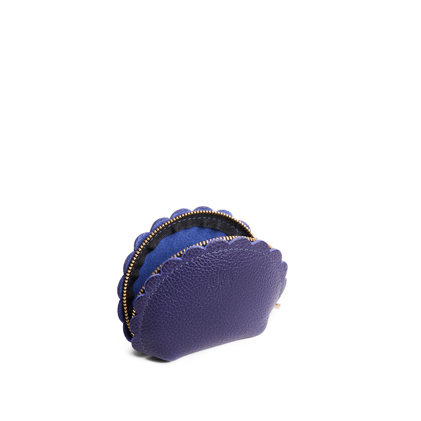 Cobalt*Small | Curved leather pouch with zipper and scalloped edges