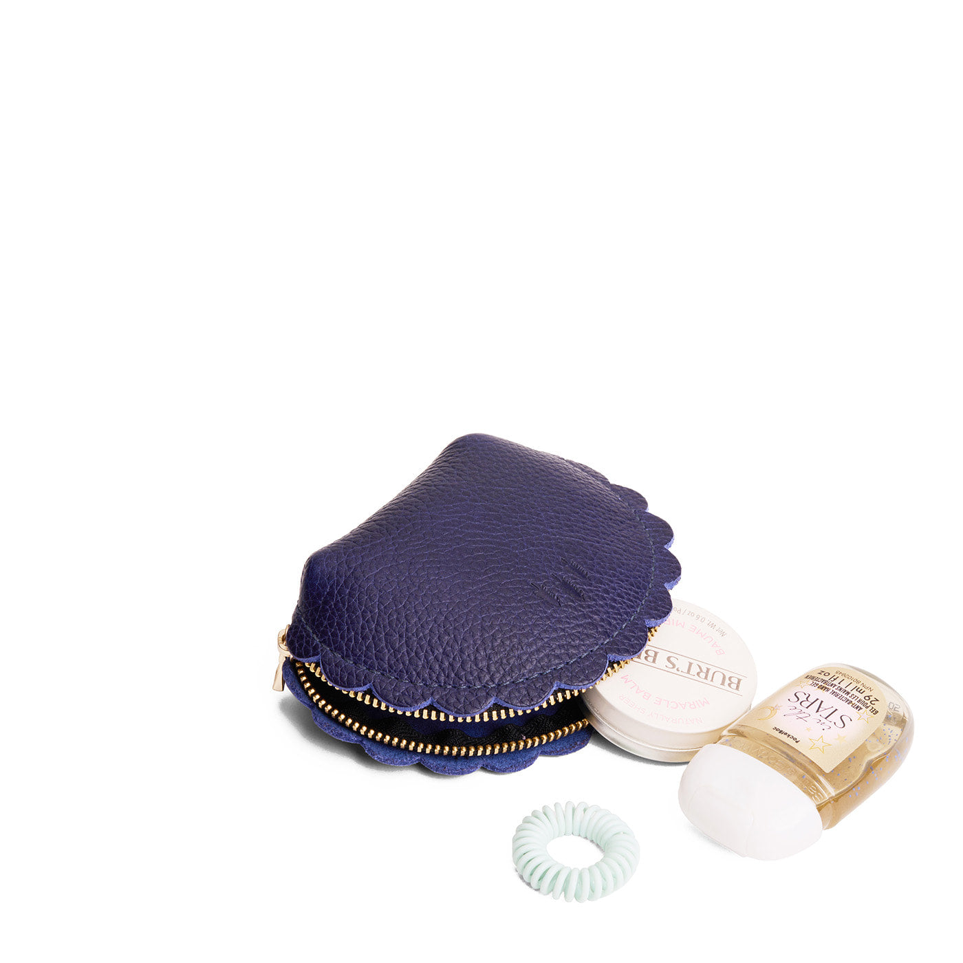 Cobalt*Small | Curved leather pouch with zipper and scalloped edges