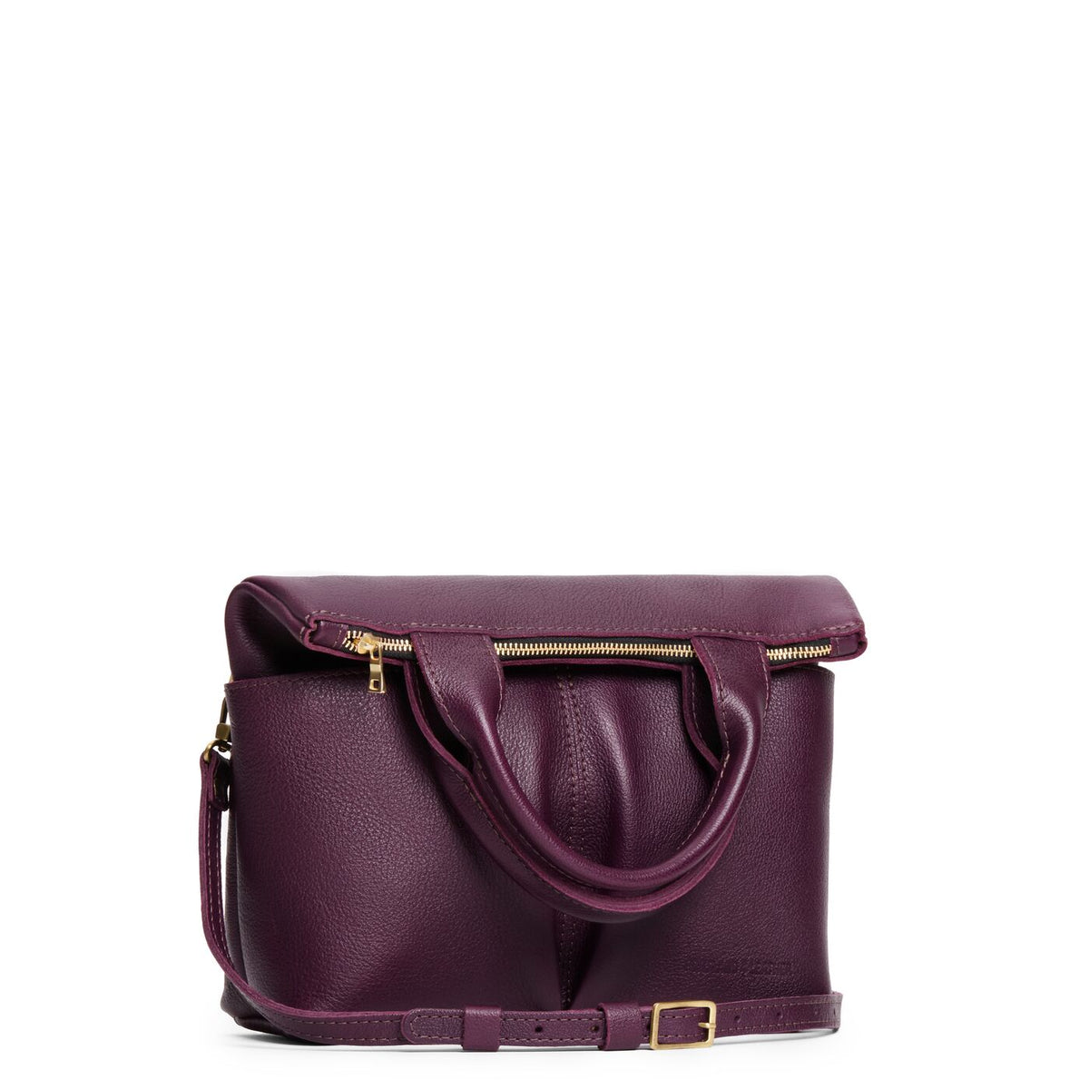 Plum*Small | Convertible tote clutch crossbody with two large front pocket and top carry handles folded into a clutch