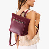 Cabernet Small | Model wearing square slim leather tote backpack 